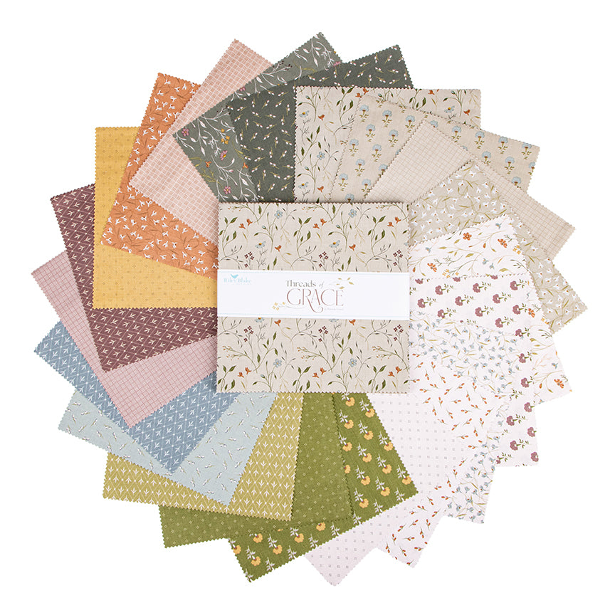 Threads of Grace 10-inch Stacker precut fabric bundle by Kassidy Grace for Riley Blake Designs, featuring 42 floral and patterned cotton squares fanned.