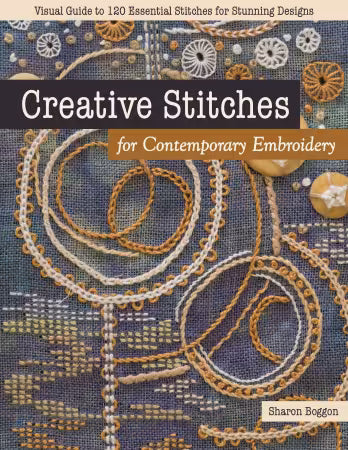 Close-up of intricate, colorful hand embroidery stitches from Sharon Boggon’s Creative Stitches book.
