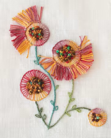 Intricate, colorful hand embroidery floral design from Sharon Boggon’s Creative Stitches book.