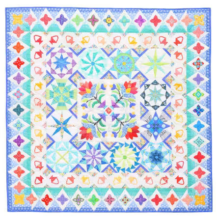 Sample page of Hand Sewing book by Becky Goldsmith showing close-up hand stitching and a colorful fabric project.