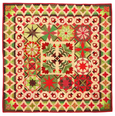 Sample page of Hand Sewing book by Becky Goldsmith showing close-up hand stitching and a Christmas-themed fabric project.