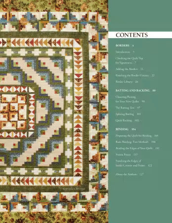 The Ultimate Quilt Finishing Guide book TOC featuring detailed quilting and binding techniques by Harriet Hargrave.