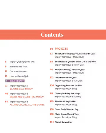 TOC of Modern Improv Quilting by Laura Veenema featuring a vibrant, abstract improvisational quilt design.