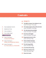TOC of Modern Improv Quilting by Laura Veenema featuring a vibrant, abstract improvisational quilt design.