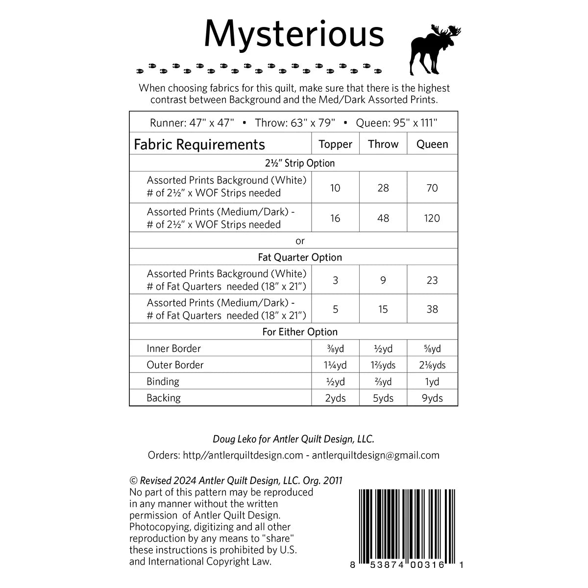 Back of the Mysterious Quilt Pattern booklet by Doug Leko, with fabric requirments for three quilt sizes.