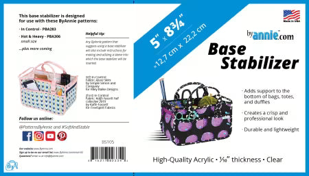 ByAnnie clear acrylic base stabilizer with smooth rounded corners, shown with colorful identity label displaying pattern names and dimensions, SKU BS105.