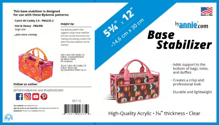 ByAnnie clear acrylic base stabilizer with smooth rounded corners, shown with colorful identity label displaying pattern names and dimensions, SKU BS110.