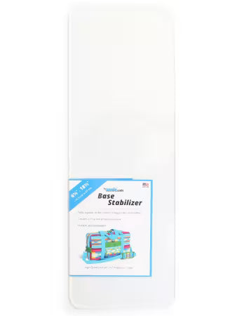 ByAnnie clear acrylic base stabilizer with smooth rounded corners, shown with colorful identity label displaying pattern names and dimensions, SKU BS140.