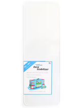 ByAnnie clear acrylic base stabilizer with smooth rounded corners, shown with colorful identity label displaying pattern names and dimensions, SKU BS140.