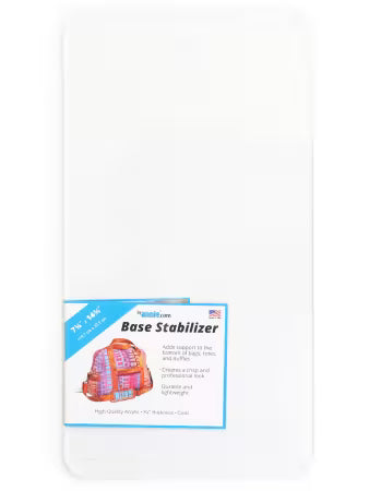 ByAnnie clear acrylic base stabilizer with smooth rounded corners, shown with colorful identity label displaying pattern names and dimensions, SKU BS160.