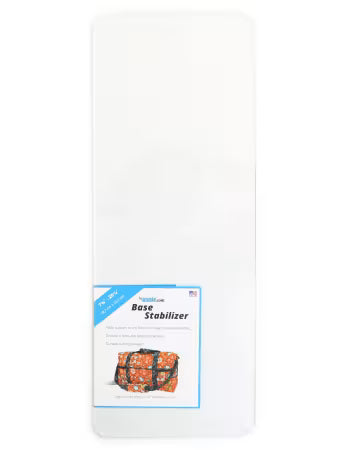 ByAnnie clear acrylic base stabilizer with smooth rounded corners, shown with colorful identity label displaying pattern names and dimensions, SKU BS180.