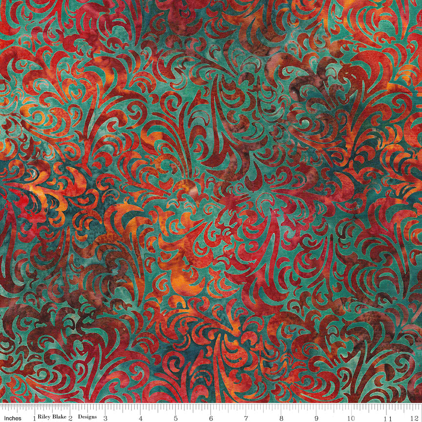 Twirl & Swirl Sassy BT21900-225 batik fabric by Riley Blake Designs with ruler showing print scale