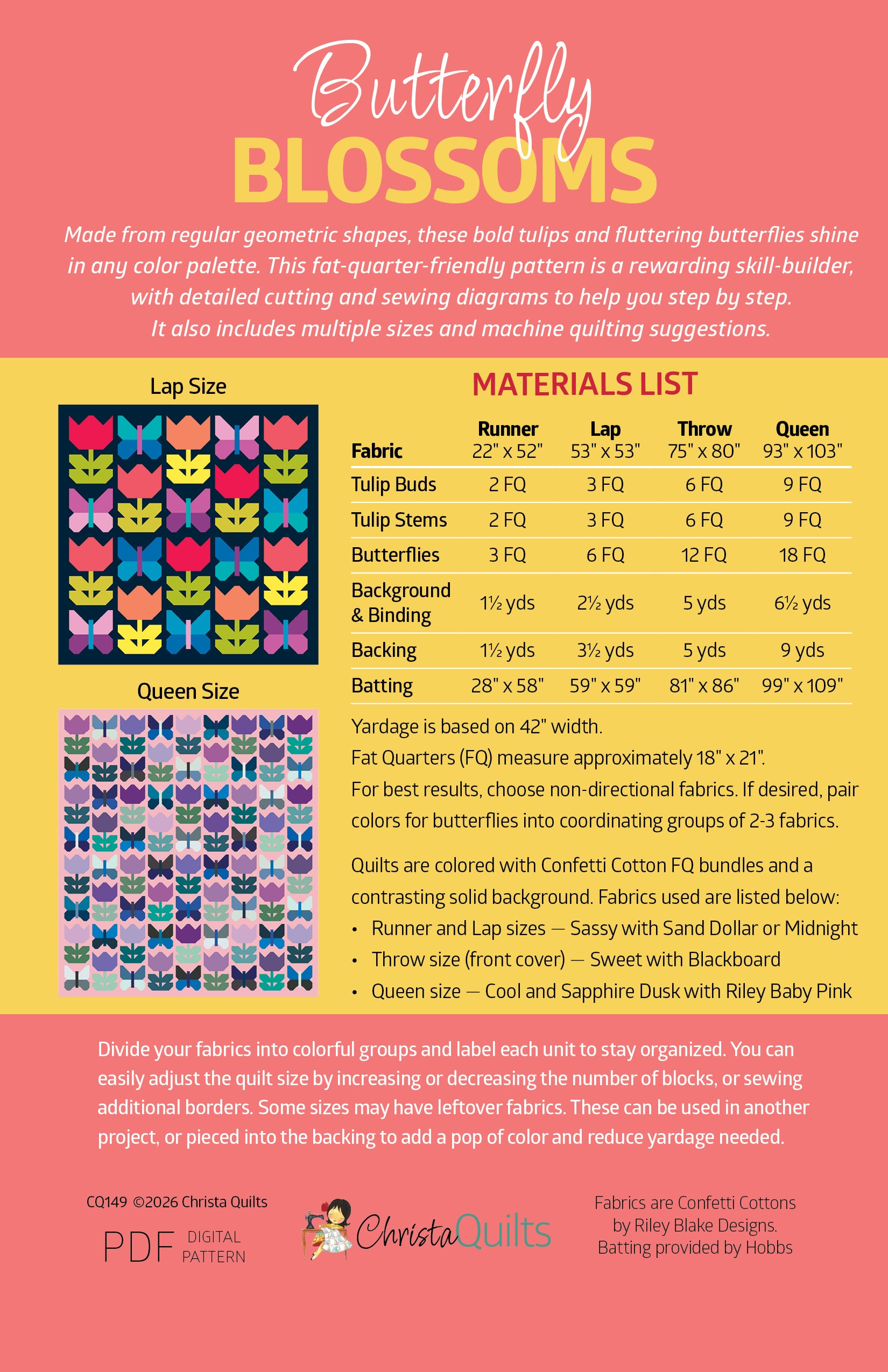 Back cover of Butterfly Blossoms Quilt Pattern by Christa Watson of Christa Quilts, showing fabric requirements for 4 sizes of quilts and graphic images of 2 colorways.