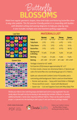 Back cover of Butterfly Blossoms Quilt Pattern by Christa Watson of Christa Quilts, showing fabric requirements for 4 sizes of quilts and graphic images of 2 colorways.