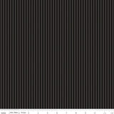 Close-up of Riley Blake Designs C500-Black fabric featuring thin 1/8 inch tone-on-tone vertical black and dark grey stripes with a measurement ruler.