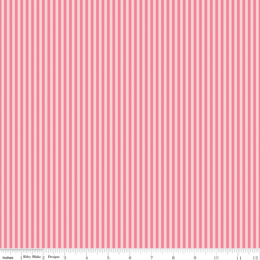 Riley Blake Designs C500-Sugar Pink fabric showing thin 1/8 inch tone-on-tone light pink vertical stripes.