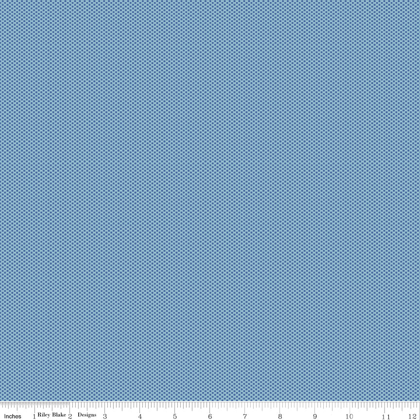 Riley Blake Designs C805-Washed Denim fabric featuring a tiny white micro dot pattern on a mid-tone blue background with a measurement ruler.