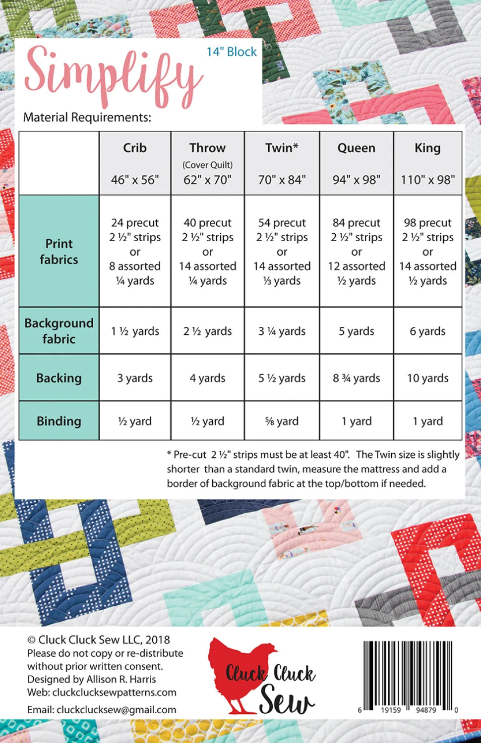 Simplify Quilt Pattern by Cluck Cluck Sew SKU CCS181