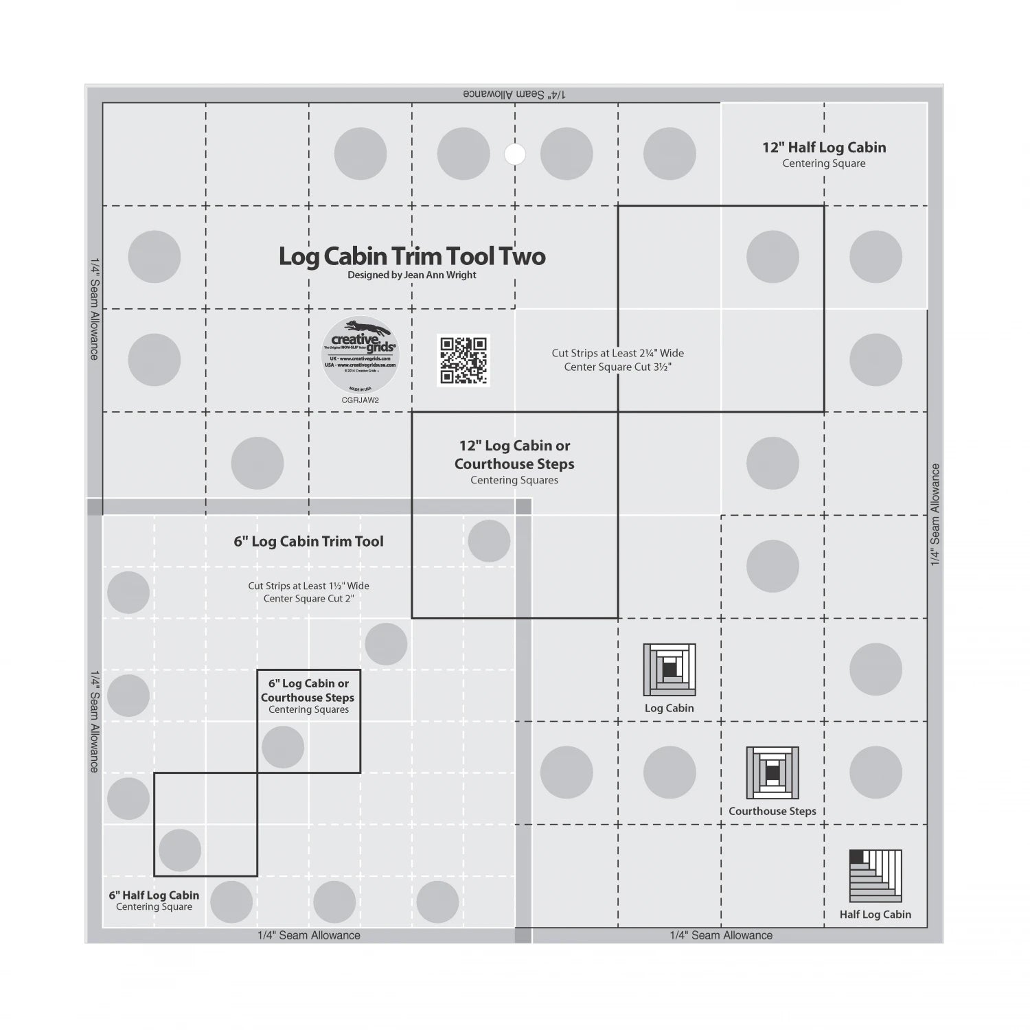 Creative Grids® Log Cabin Trim Tool Two 6in & 12in Blocks Quilt Ruler