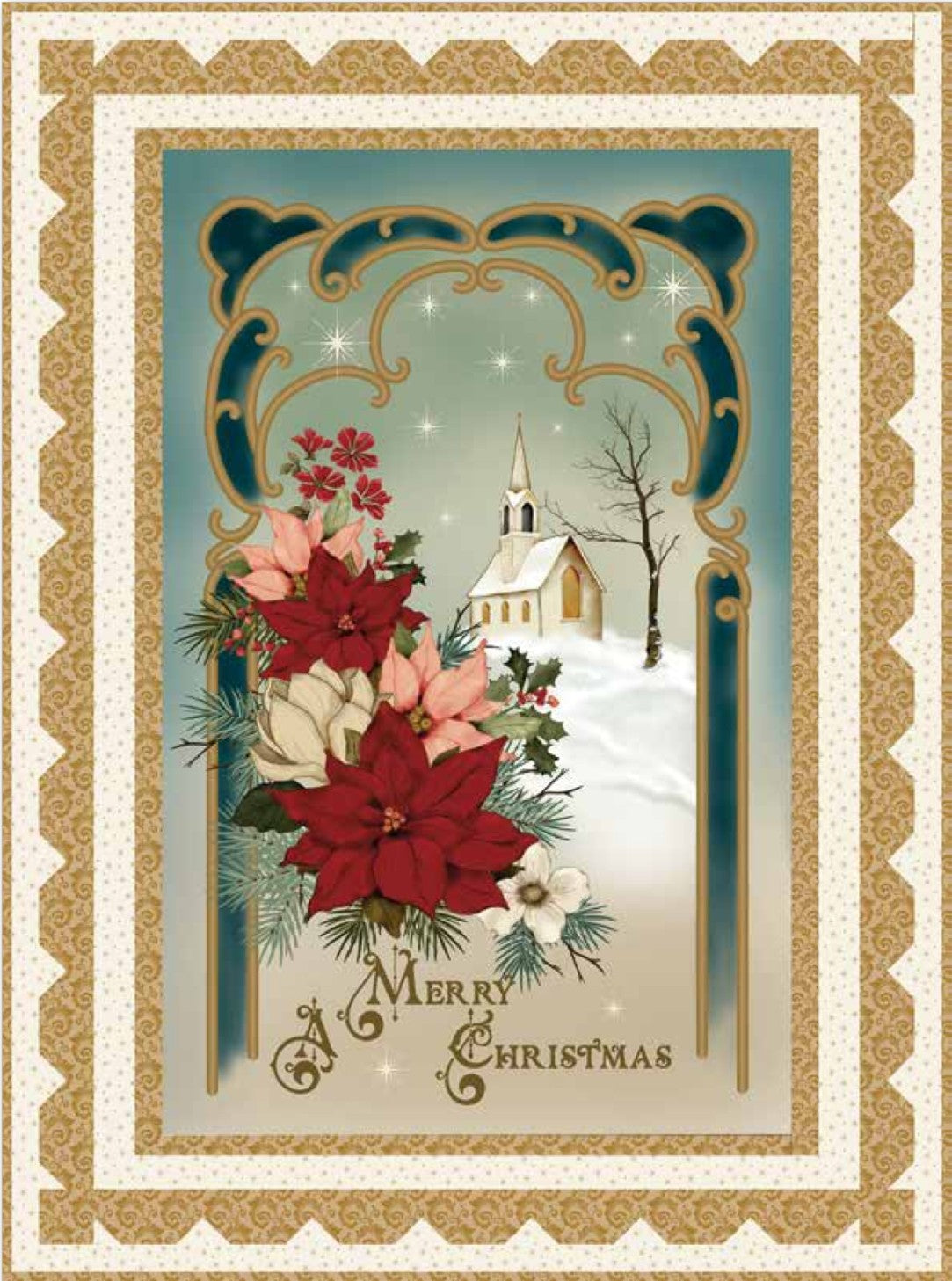 The Christmas Greetings Panel Quilt Kit curated by Cat's Cuts, displayed flat against a warm ivory background to highlight the cream and gold accents in Sandy Gervais' holiday prints.