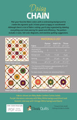 Back cover of the Daisy Chain PDF quilt pattern by Christa Quilts showing fabric requirements and graphic images of quilts in three sizes.