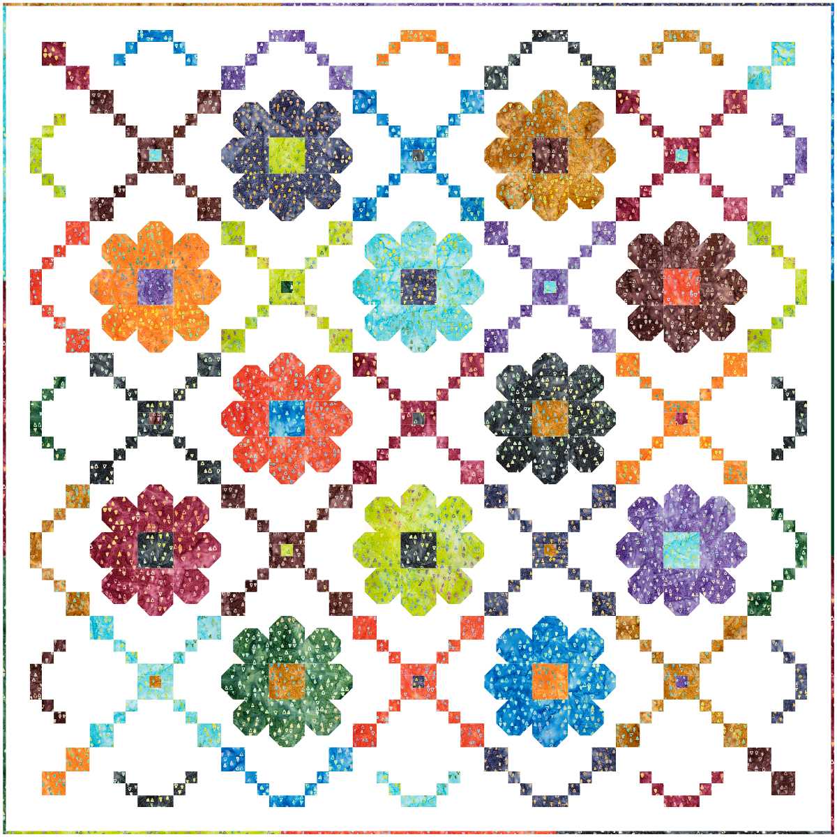 Image of Daisy Chain quilt featuring pattern by Christa Quilts and batik fabric by Riley Blake Designs.