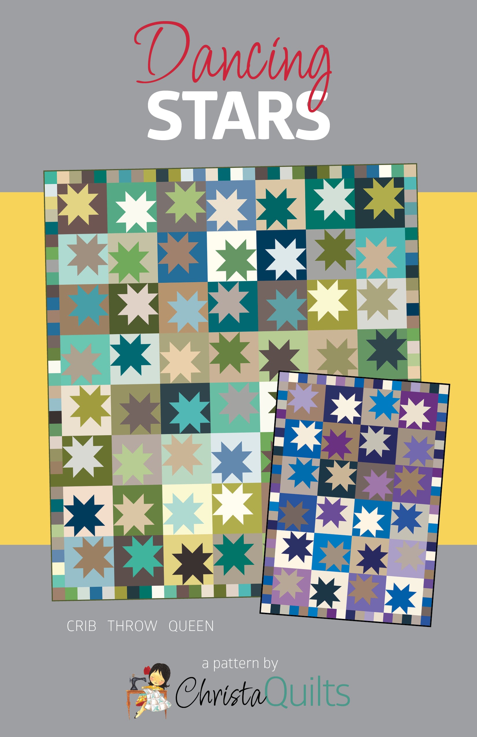 Front cover of Dancing Stars PDF quilt pattern by Christa Quilts featuring a modern geometric star quilt design