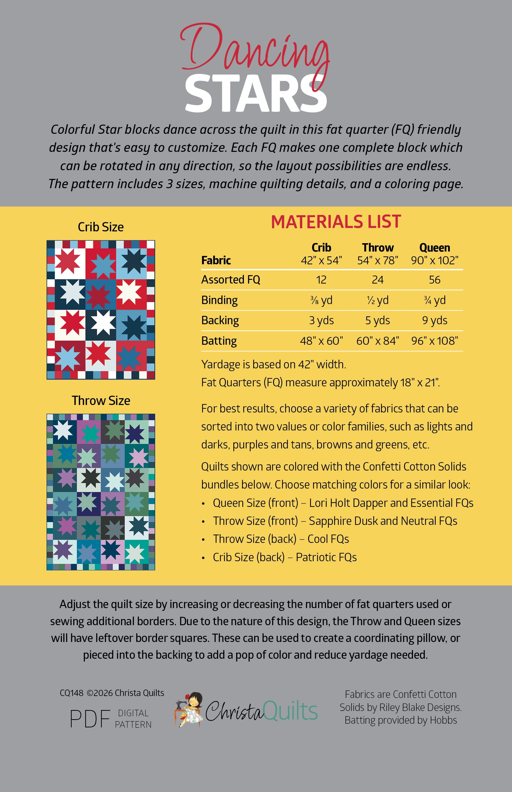Back cover of Dancing Stars PDF quilt pattern by Christa Quilts with fabric requirements and 2 graphic images of finished quilts in 2 sizes and 2 colorways