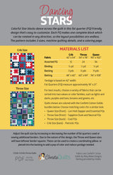 Back cover of Dancing Stars PDF quilt pattern by Christa Quilts with fabric requirements and 2 graphic images of finished quilts in 2 sizes and 2 colorways