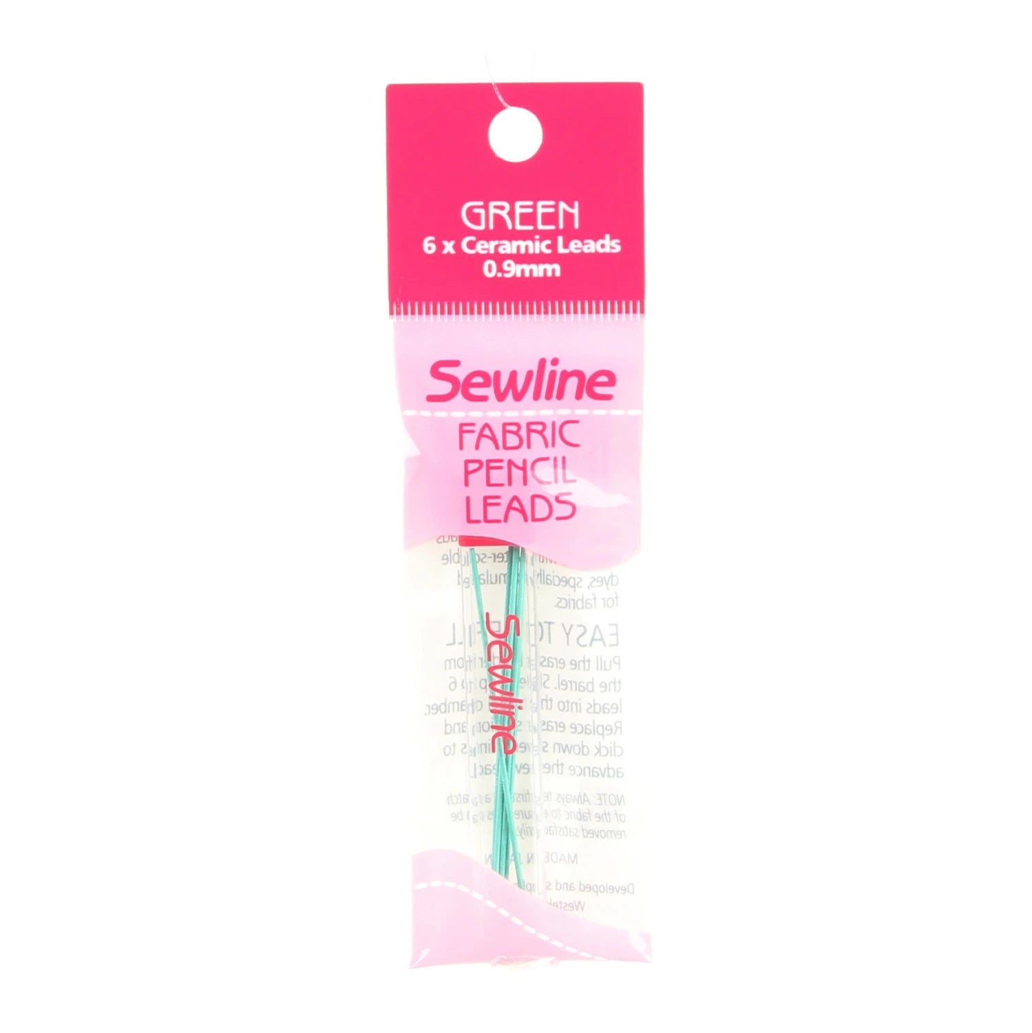 Sewline green ceramic lead refills 0.9mm for fabric marking pencils, 6 count, in hanging bag.