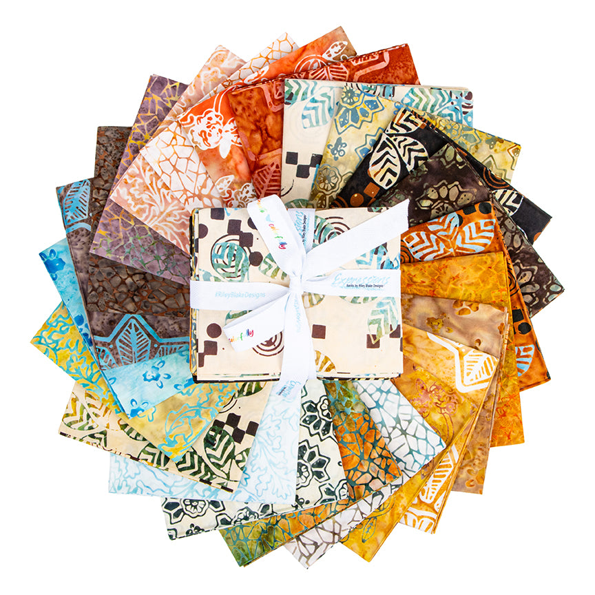 Expressions Batiks Kalinda Fat Quarter Bundle by Riley Blake Designs featuring a stack of 23 coordinated hand-dyed batik fabrics in various colors and organic patterns-fanned.
