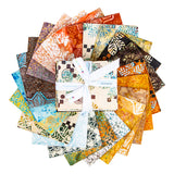 Expressions Batiks Kalinda Fat Quarter Bundle by Riley Blake Designs featuring a stack of 23 coordinated hand-dyed batik fabrics in various colors and organic patterns-fanned.