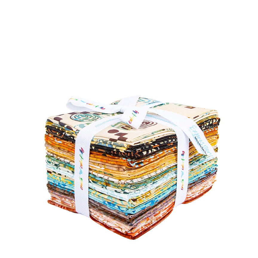 Expressions Batiks Kalinda Fat Quarter Bundle by Riley Blake Designs featuring a stack of 23 coordinated hand-dyed batik fabrics in various colors and organic patterns-stacked