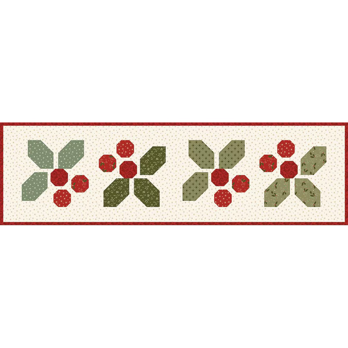 A close-up view of the pieced Holly-Day Cheer holiday runner under soft silver studio lighting, highlighting the clean seam lines and crisp cotton texture of the festive motifs.