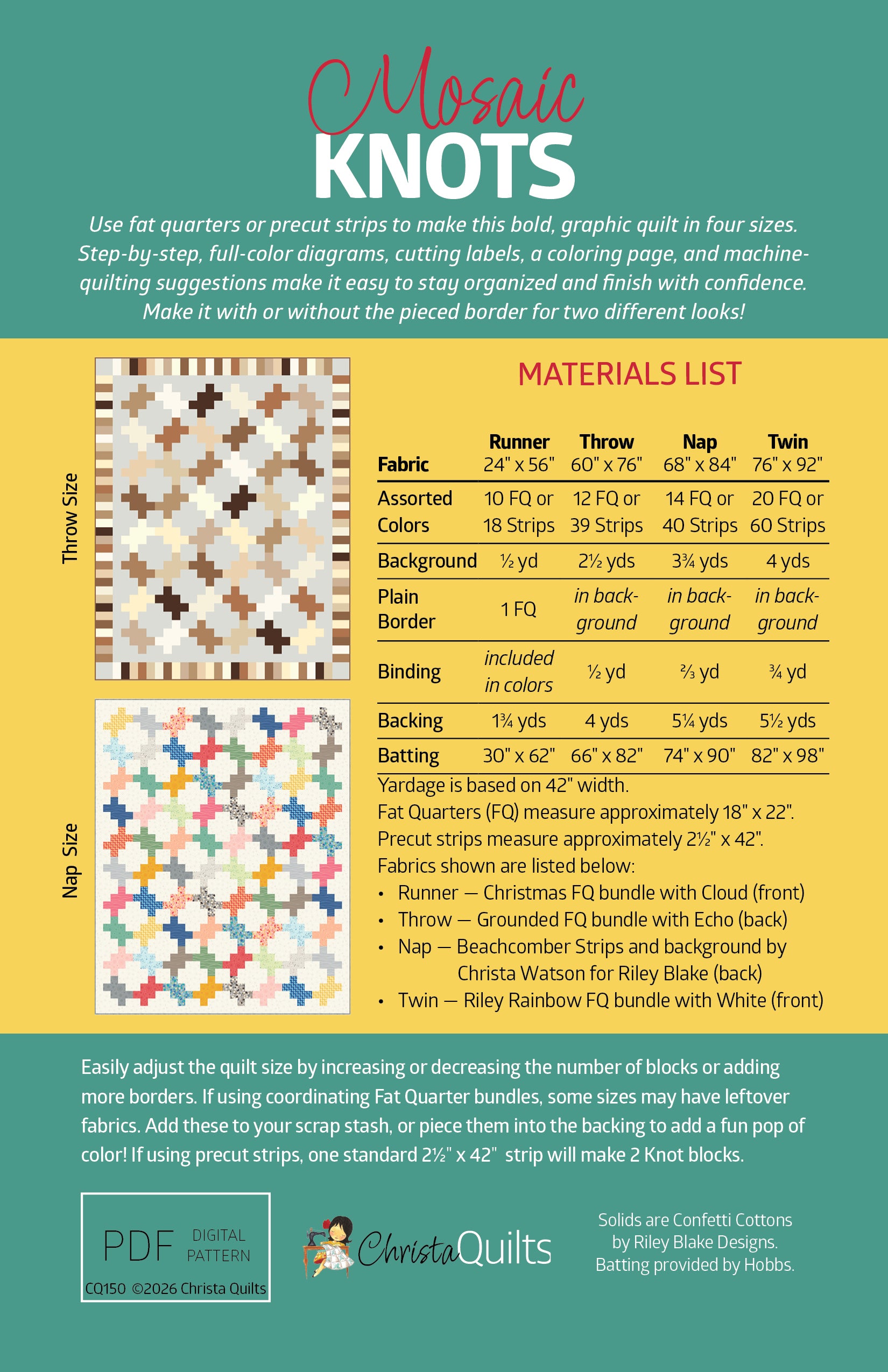 Mosaic Knots PDF quilt pattern by Christa Watson of Christa Quilts - pattern back showing fabric requirements