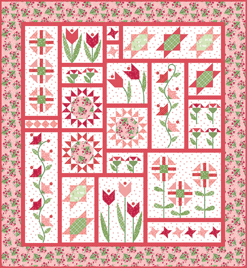 Digital image of the finished quilt for 'Petal Patch' quilt pattern by Jill Finley, showing a completed rectangular throw quilt with traditionally pieced geometric star blocks and colorful flower blocks featuring delicate applique centers.