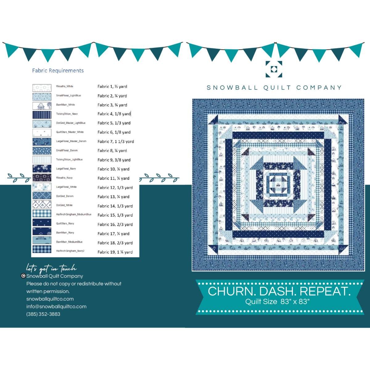 Cover of the Churn.Dash.Repeat quilt pattern by Snowball Quilt Company, showing a modern layout of Churn Dash blocks in a coordinated color palette.