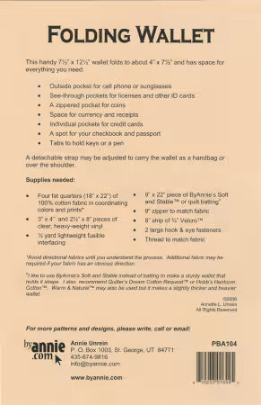 Back cover of ByAnnie Folding Wallet PBA104 wallet and purse sewing pattern showing fabric and supplies needed.