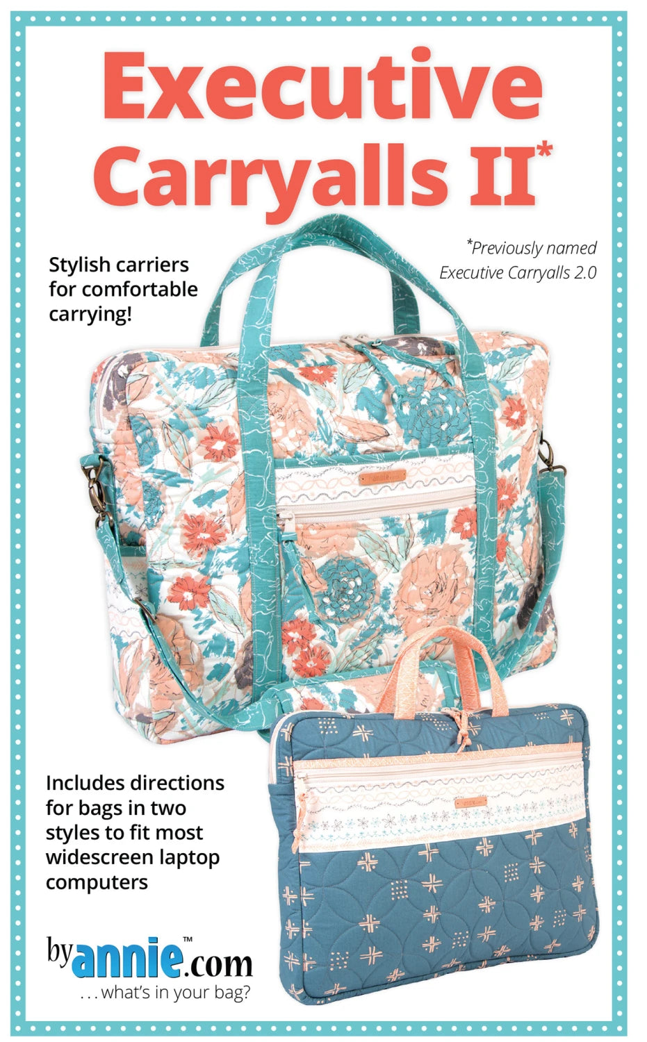Front cover of the ByAnnie Executive Carryalls II sewing pattern, showing two quilted handmade tech bags in professional, colorful fabrics.