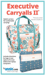 Front cover of the ByAnnie Executive Carryalls II sewing pattern, showing two quilted handmade tech bags in professional, colorful fabrics.