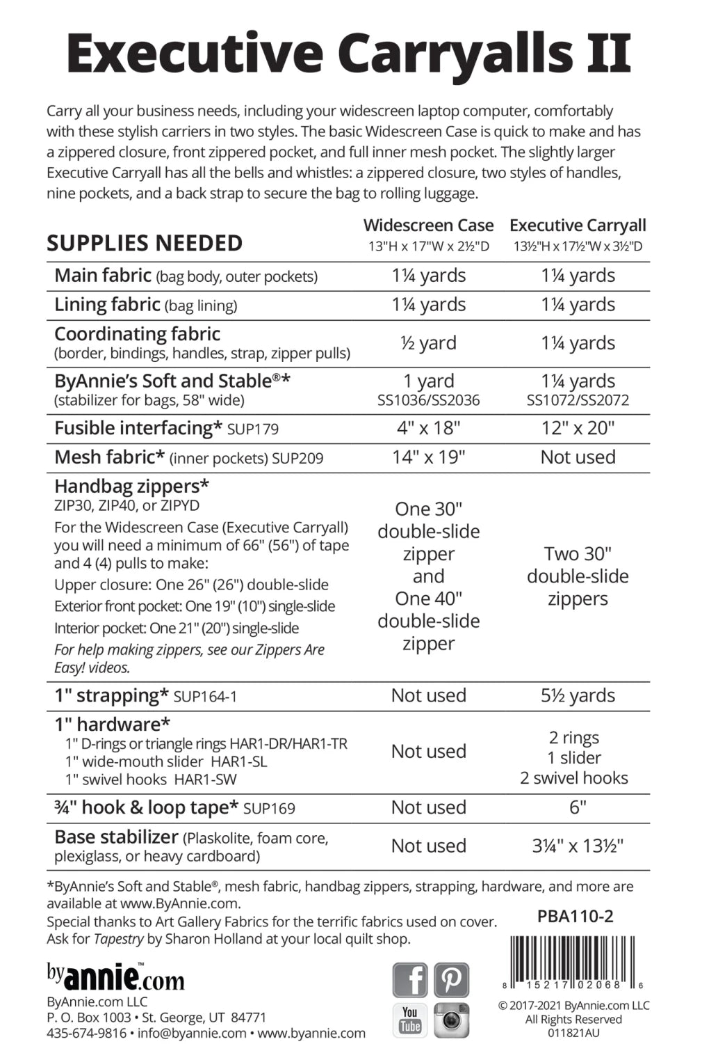 Back cover of the ByAnnie Executive Carryalls II sewing pattern, showing fabric requirements and supplies list for making two sizes of bags.