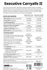 Back cover of the ByAnnie Executive Carryalls II sewing pattern, showing fabric requirements and supplies list for making two sizes of bags.
