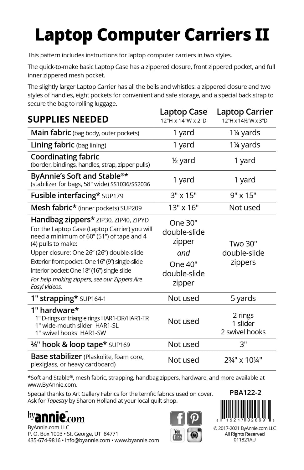 Back cover of the ByAnnie Laptop Computer Carriers II sewing pattern, showing fabric requirements and supplies needed for two bag sizes.