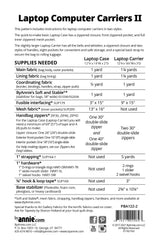 Back cover of the ByAnnie Laptop Computer Carriers II sewing pattern, showing fabric requirements and supplies needed for two bag sizes.