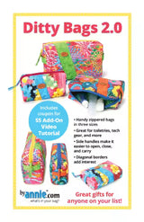 Front cover of the ByAnnie 'Ditty Bags 2.0' sewing pattern, displaying three structured fabric zipper pouches in small, medium, and large sizes, featuring decorative diagonal borders and loop handles on both ends.
