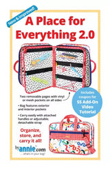 Front cover of the ByAnnie 'A Place for Everything 2.0' sewing pattern, showing a large, structured rectangular organizer bag unzipped and opened flat to reveal multiple clear vinyl and mesh zippered pockets filled with sewing tools and supplies.