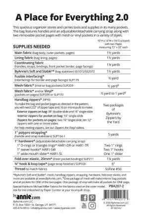Back cover of the ByAnnie 'A Place for Everything 2.0' sewing pattern, showing a list of fabric and supplies needed to complete the bag.