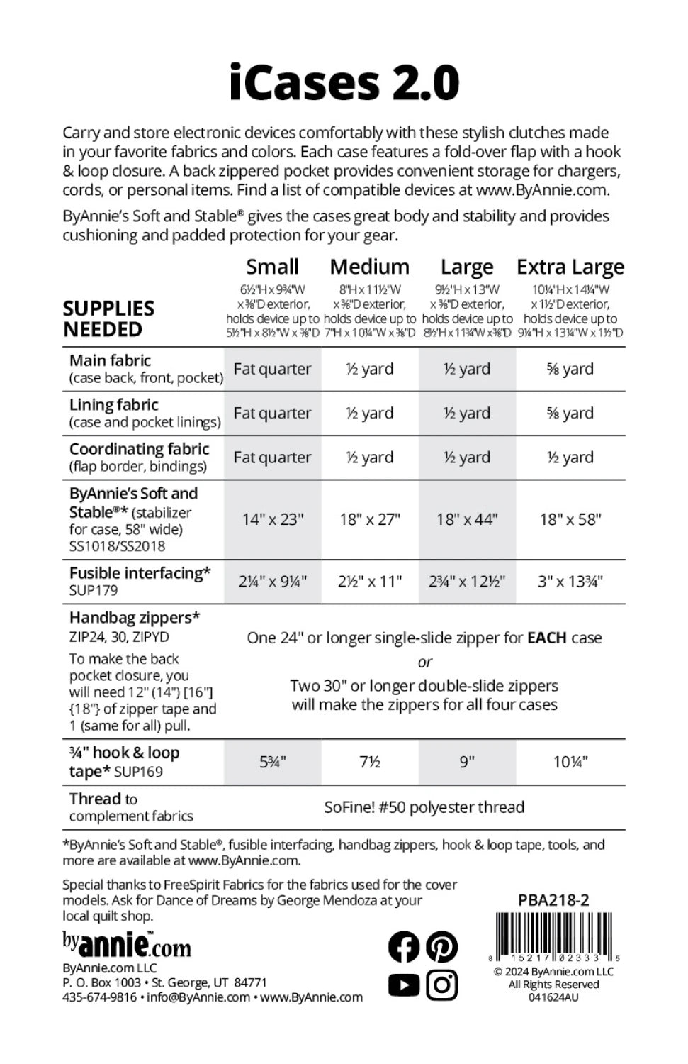 Supply list for ByAnnie iCases 2.0 PBA218-2 electronic device case sewing pattern