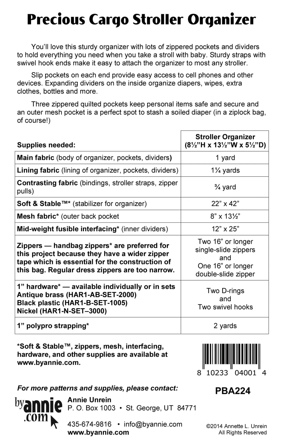 Supplies list for ByAnnie Precious Cargo stroller organizer sewing pattern
