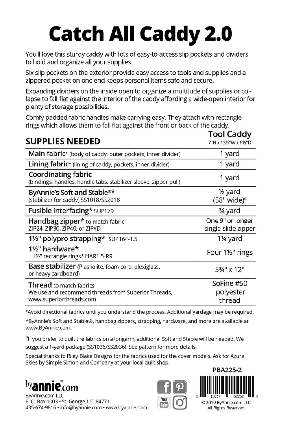 Supply list for ByAnnie Catch All Caddy 2.0 PBA225-2 organizer sewing pattern